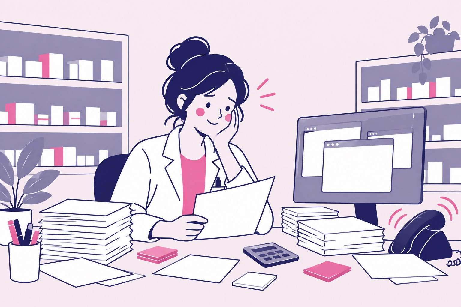 Schreibtisch im Backoffice einer Apotheke voller Ausdrucke, Notizzettel und offener Fenster auf dem Bildschirm