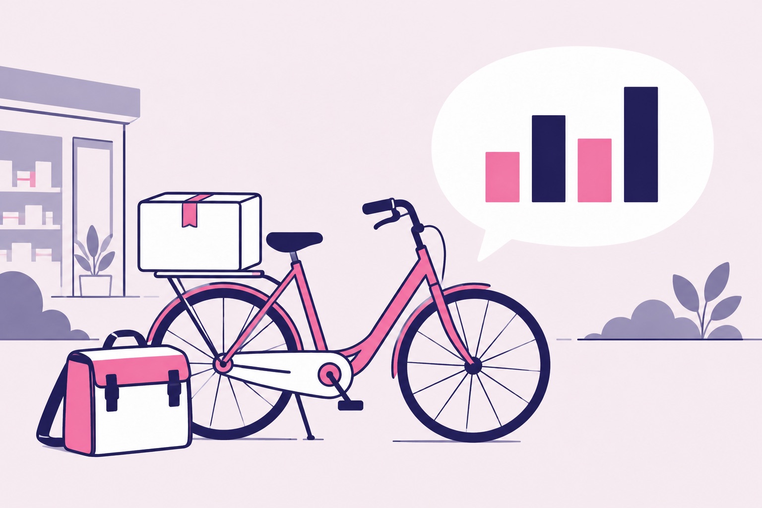 Botendienst-Fahrrad mit Lieferbox neben einer Sprechblase mit einem Balkendiagramm