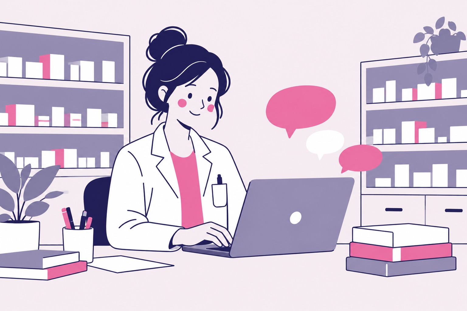Apothekerin im Backoffice arbeitet entspannt am Laptop, aus dem Sprechblasen aufsteigen