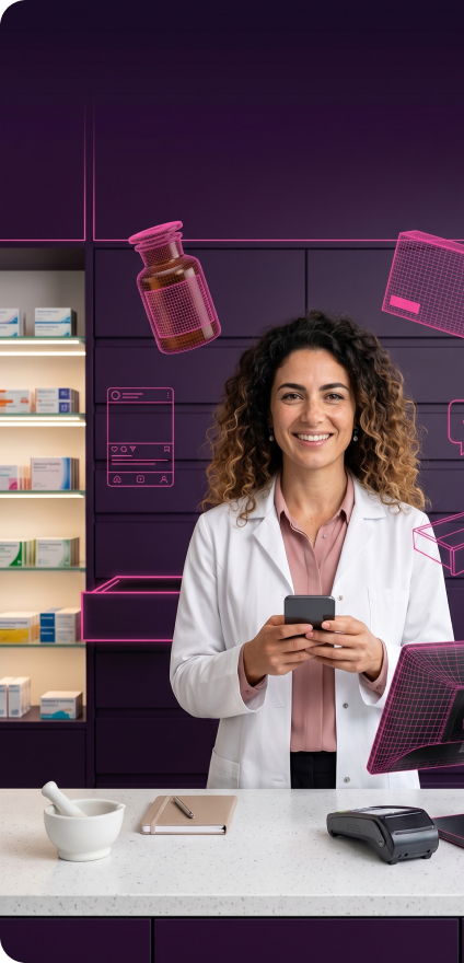 Pharmazeutin in einer Offizin mit pinken Offizin.ai Wireframe-Overlays