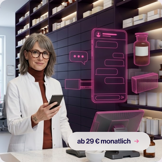Offizin.ai Chat in einer Apothekenszene mit Offizin.ai Wireframe-Overlay