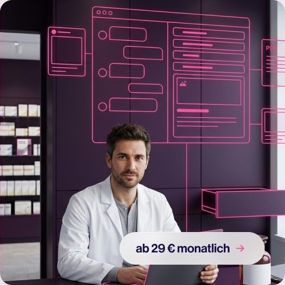 Offizin.ai Projekt in einer Apothekenszene mit Offizin.ai Wireframe-Overlay