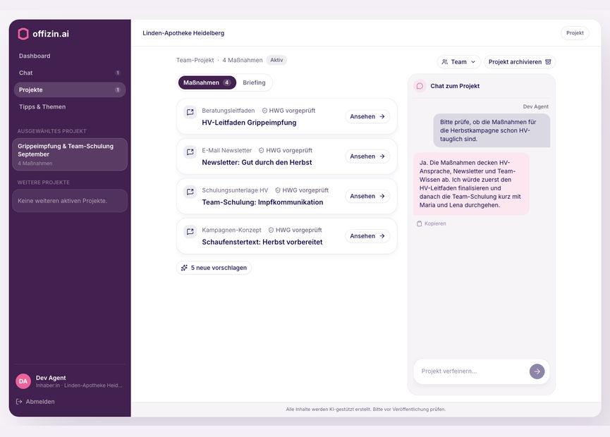 Projektansicht in offizin.ai