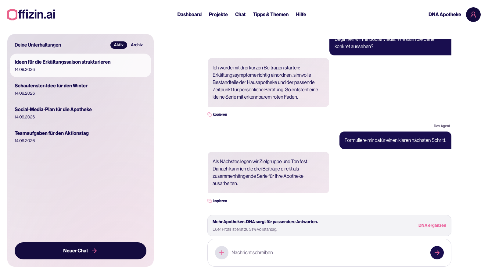 Aktive Unterhaltung im persönlichen Chat von offizin.ai