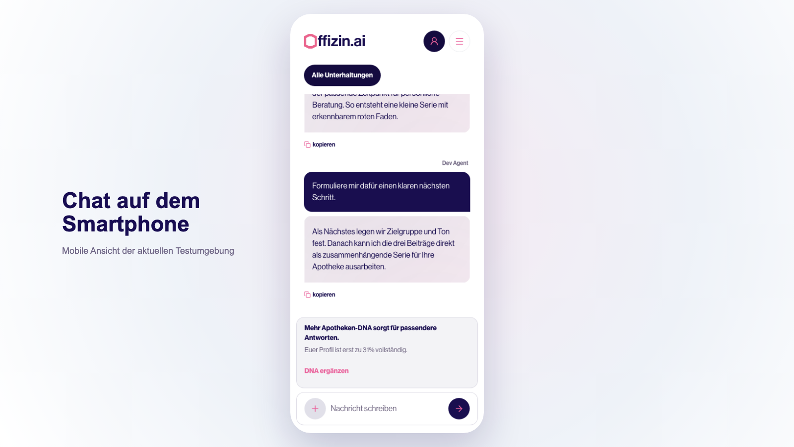 Persönlicher Chat von offizin.ai in der mobilen Ansicht