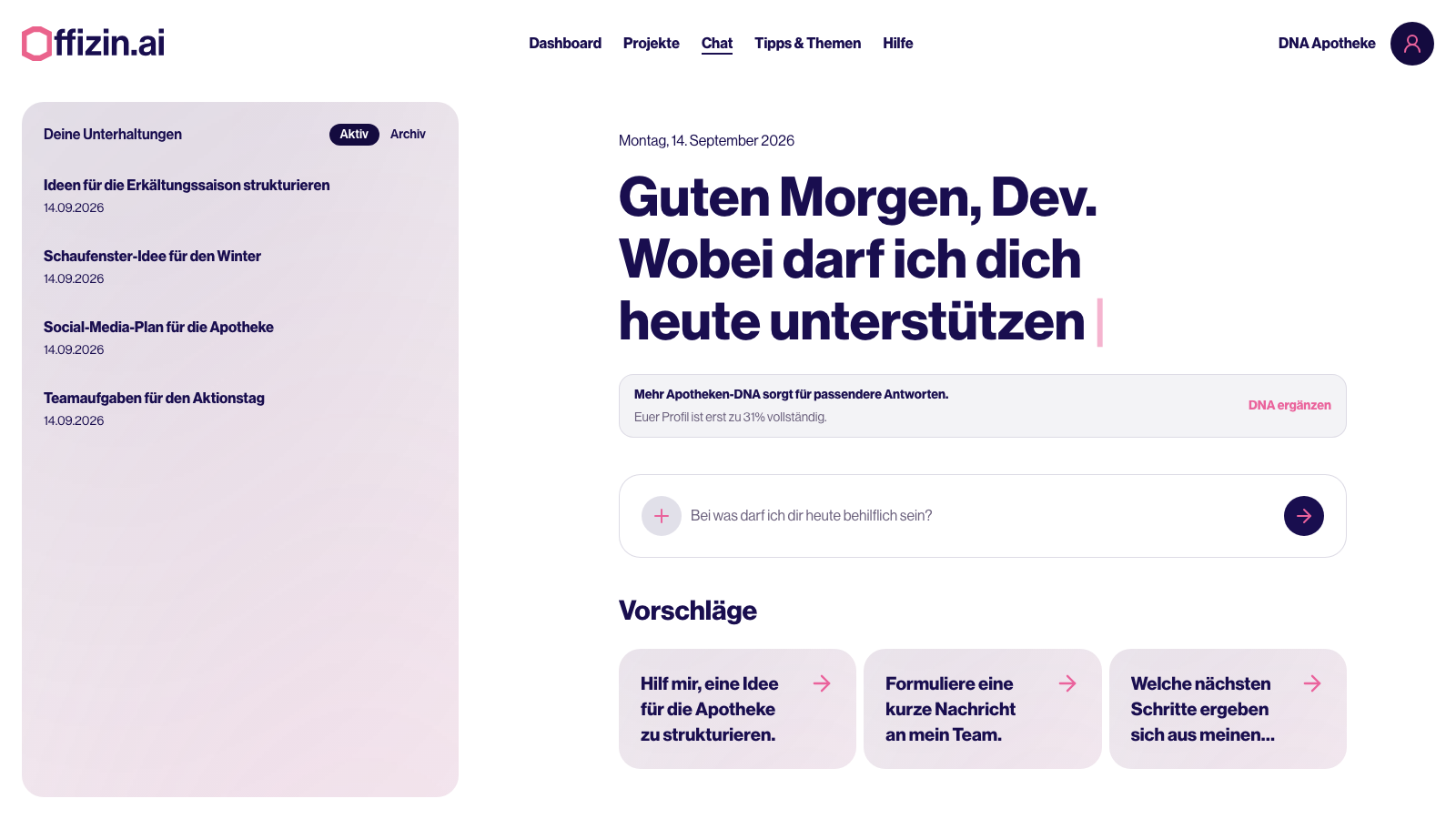 Startansicht des persönlichen Chats in offizin.ai