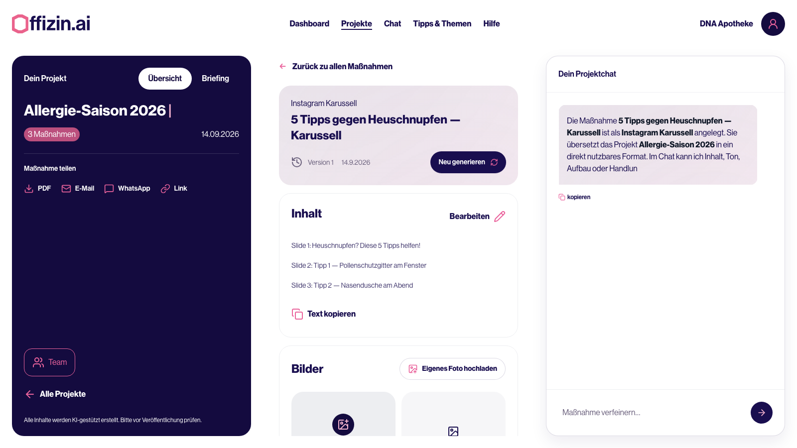 Ausgearbeitete Maßnahme in einem offizin.ai Projekt