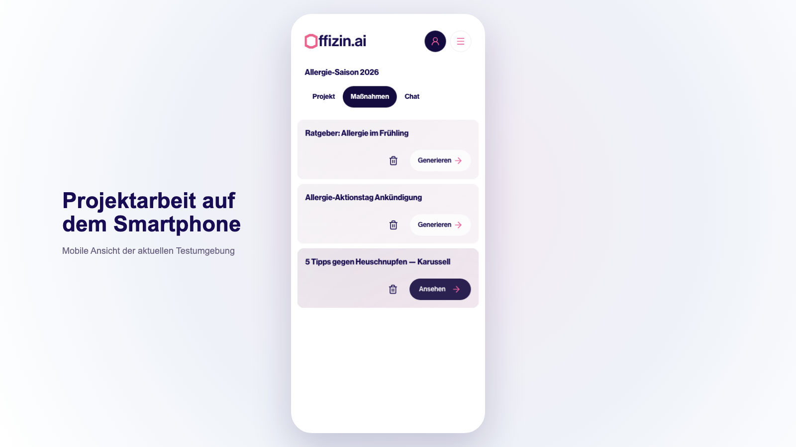 Projektmodul von offizin.ai in der mobilen Ansicht