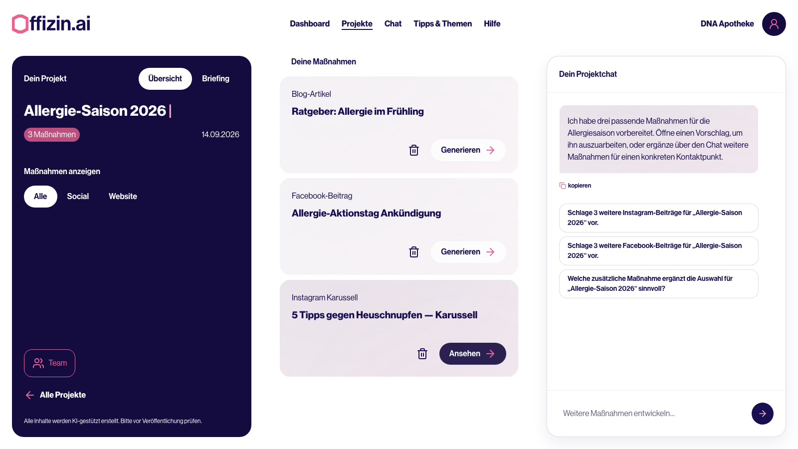 Projektübersicht mit Maßnahmen in offizin.ai